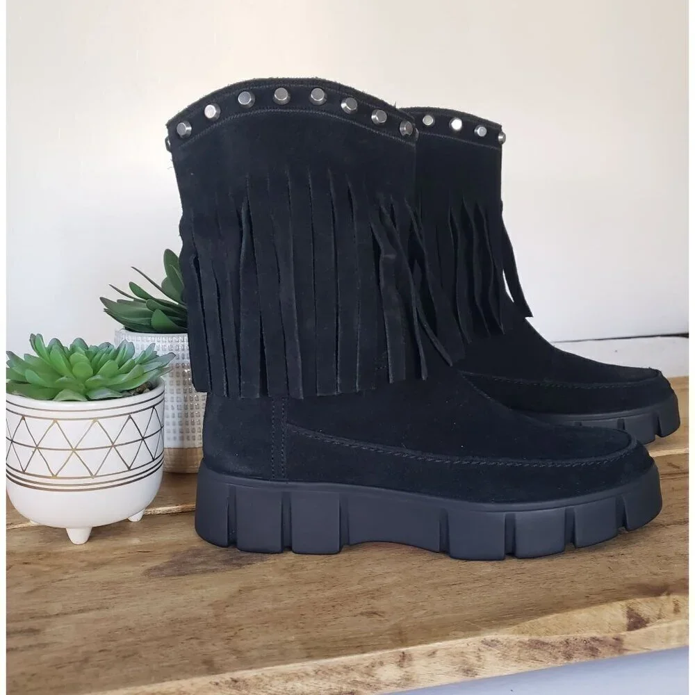 NWT Geox Ghoula Suede Fringe Studded Mid-Calf Chunky Lug Sole Winter Boots 38